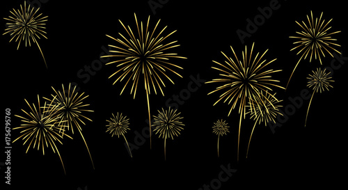 Spectacular golden yellow fireworks bursting in dark night sky celebrating holidays and special events with vibrant explosions of light isolated on white background