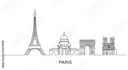 Paris skyline silhouette sketch of famous landmarks including eiffel tower arc de triomphe and sacré-cœur iconic french capital cityscape line art isolated on white background