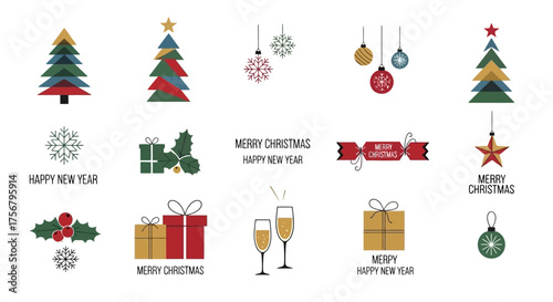Minimalist Flat Design Icons for Winter Holiday Celebrations, Featuring Christmas Trees, Gift Boxes, Snowflakes, Festive Baubles, and New Year Champagne Elements