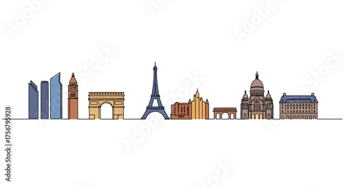 Iconic paris skyline silhouette featuring famous landmarks eiffel tower arc de triomphe and notre dame for travel and cityscape concepts isolated on white background
