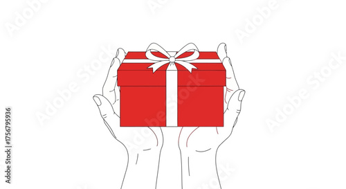 Giving Hands A Red Gift Box with a White Ribbon of Generosity