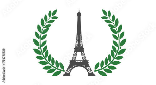 Eiffel tower framed by green laurel wreath symbolizing parisian elegance and victory monumental landmark parisian pride isolated on white background