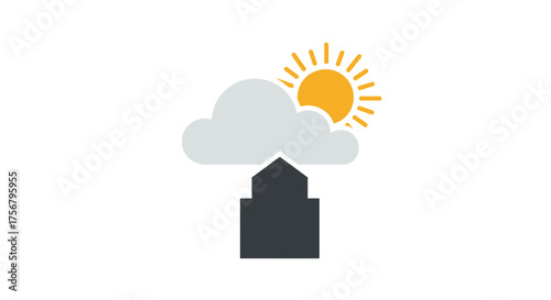 Weather forecast icon symbolizing partly cloudy conditions with the sun peeking through and a building outline below representing a location or structure isolated on white background