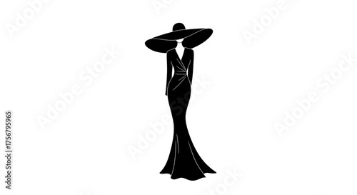 Elegant black silhouette of a woman in a flowing gown and wide-brimmed hat for fashion and glamour isolated on white background