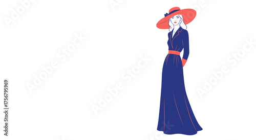 Elegant woman in flowing blue gown and wide-brimmed hat posing gracefully fashion style vintage retro aesthetic isolated on white background