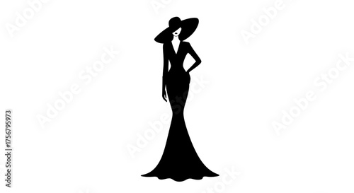 Elegant silhouette of a woman in a glamorous gown and wide-brimmed hat expressing sophistication and style isolated on white background