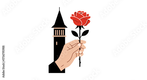 Elegant hand holding a red rose before a silhouetted clock tower symbolizing love romance architecture and time isolated on white background