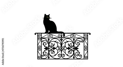 Elegant black cat perched on ornate victorian balcony railing silhouette artistic composition isolated on white background