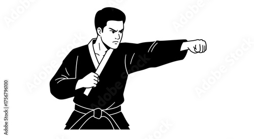 Martial arts training disciplined fighter demonstrating powerful punch in karate uniform isolated on dynamic action pose isolated on white background