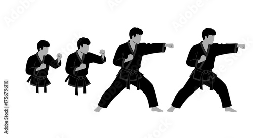Karate fighter demonstrating punch sequence progression martial arts movement sequence action sport training dynamic combat technique isolated on white background