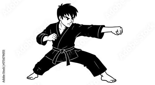 Martial arts fighter in black gi demonstrating powerful punching technique in dynamic stance ready for combat action isolated on white background