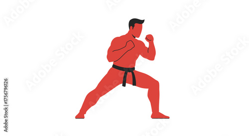Martial arts fighter practicing karate stance displaying strength discipline and athletic physique ready for combat isolated on white background