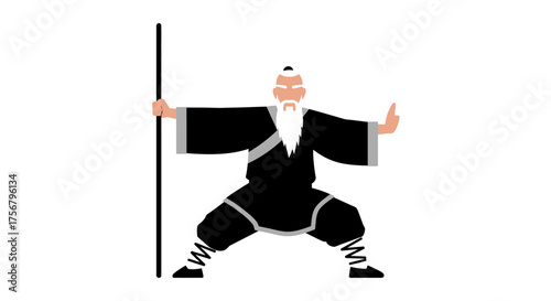 Martial arts master demonstrates traditional kung fu stance with bo staff expertise dynamic movement and ancient warrior spirit isolated on white background
