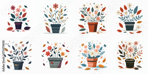 vector set of deciduous plants in pots