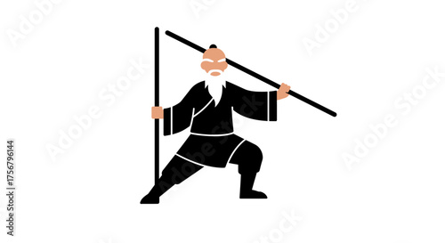 Elderly martial arts master demonstrates ancient combat techniques with traditional staff weapon in dynamic pose isolated on white background