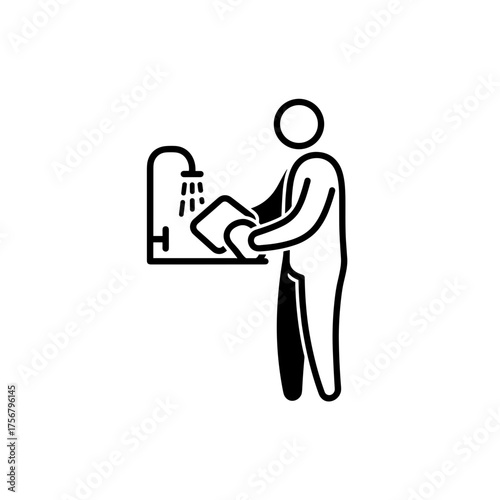 Minimalistic illustration of a person washing dishes at a sink, simple outline design
