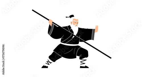 Elderly kung fu master practicing martial arts with staff a dynamic pose symbolizing strength and wisdom isolated on white background