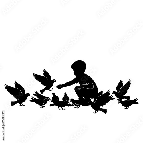 Silhouette of a child feeding pigeons, capturing joy and connection with nature, high contrast design