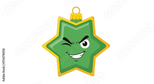 Playful winking green star Christmas ornament, exuding festive mischief and holiday cheer, a humorous seasonal decoration vector illustration for joyful celebrations