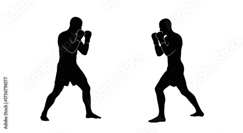 Silhouetted boxers in fighting stance ready for combat training or competition dynamic action pose sport martial arts athletic concept isolated on white background