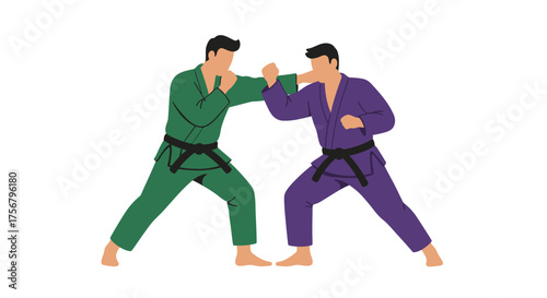 Two martial artists in gis practice combat moves and sparring techniques demonstrating discipline and athleticism isolated on white background