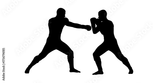 Silhouettes of two boxers in dynamic fighting stances engaged in a sparring match on a symbolizing combat and athletic competition. isolated on white background