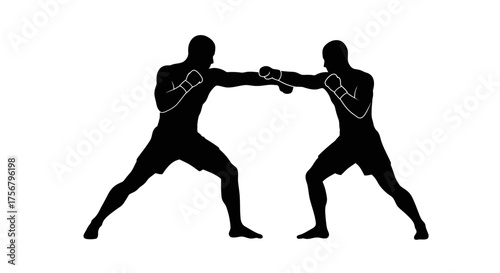 Dynamic silhouette of two boxers engaging in a fierce sparring match displaying athleticism and combat sports intensity isolated on white background