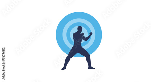 Silhouette of a powerful martial artist performing a dynamic energy blast attack with vibrant blue concentric circles emanating outwards isolated on white background