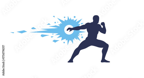 Dynamic silhouette of a male figure unleashing a powerful blue energy blast from fist isolated on white background