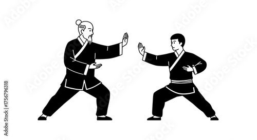 Two martial artists in traditional uniforms perform combat stances demonstrating discipline and strength during a practice session isolated on white background