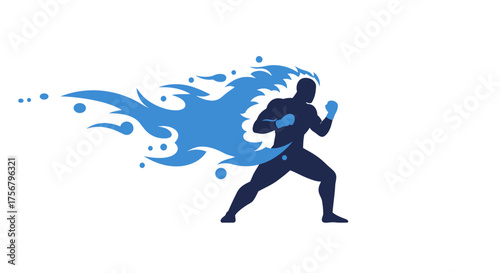 Dynamic superhero charging forward with powerful blue energy blast emanating from fists creating a fiery trail against white backdrop isolated on white background