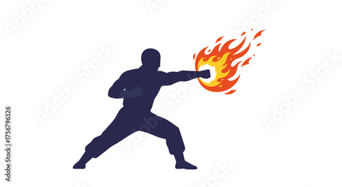 Dynamic silhouette of a martial artist performing a fiery punch unleashing intense energy for action and combat concepts isolated on white background
