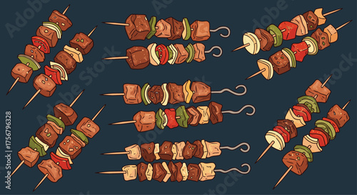 A variety of meat and vegetable skewers grilling on metal rods.