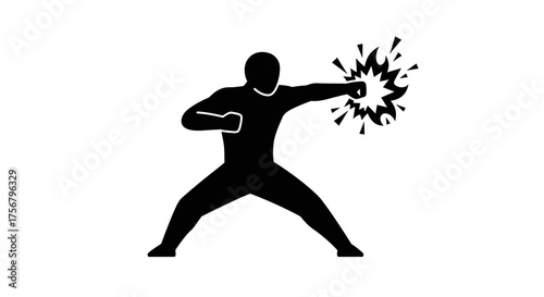 Martial arts fighter silhouette delivering powerful punch with exploding impact effect dynamic action pose representing combat and strength isolated on white background