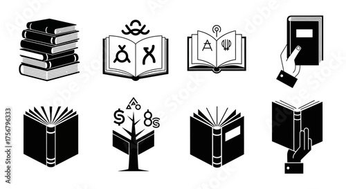 Collection of black and white icons representing various aspects of knowledge, education, and learning through books and symbols