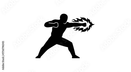 Silhouette martial artist delivering powerful punch with fiery energy burst symbolizing strength and combat prowess isolated on white background