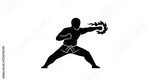 Dynamic silhouette of a martial artist performing a powerful punch with energy burst in a fighting stance for action sports and combat art isolated on white background