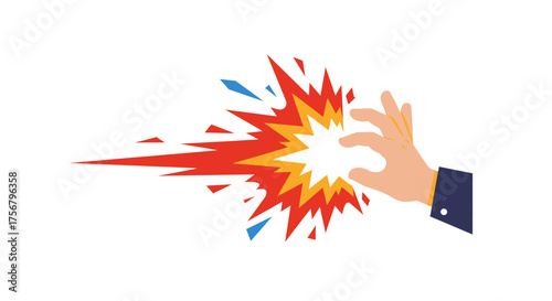 Hand activating powerful energy explosion impact bursting force dynamic action motion graphic element dynamic visual effect isolated on white background