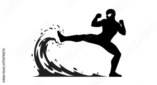 Dynamic silhouette of a martial artist performing a powerful kick with splash effects symbolizing force and action isolated on white background