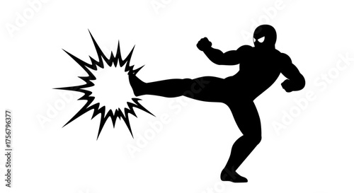 Dynamic silhouette of a martial artist executing a powerful kick with exploding effect representing force and impact in combat sports training isolated on white background