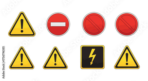 Collection of Warning, Prohibition, and Hazard Signs Various Shapes and Symbols for Safety Communication