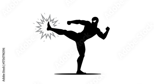 Dynamic silhouette of martial artist performing a powerful side kick with impact effect martial arts action punching training combat fighting isolated on white background