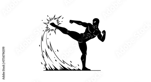 Martial arts fighter executes powerful kick silhouette dynamic action pose energy burst motion sport combat athlete training fitness strength isolated on white background