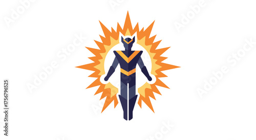 Radiant superhuman warrior with fiery aura energetic power burst celestial being cosmic energy display futuristic hero. isolated on white background