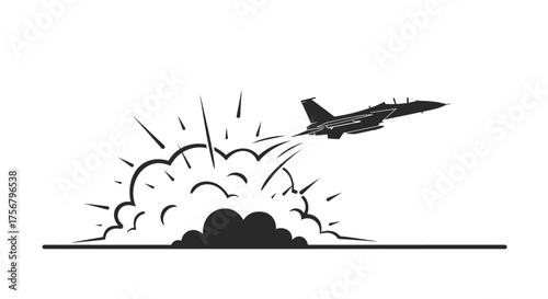 Modern jet fighter aircraft evades massive explosive cloud mid-flight during aerial combat simulation or action scene isolated on white background
