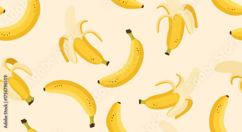 Seamless pattern of ripe yellow bananas, some peeled, set against a light beige background, perfect for food and tropical themes