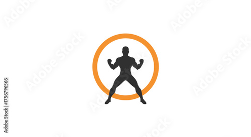 Silhouette of a muscular person jumping rope inside a fiery orange circle symbolizing fitness and energy isolated on white background