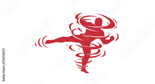 Dynamic red figure performing energetic dance moves and martial arts kicks with swirling motion effects capturing movement isolated on white background