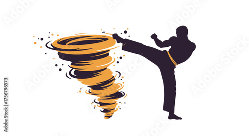 Martial artist silhouette delivering powerful kick to a swirling tornado symbolizing strength and force isolated on white background