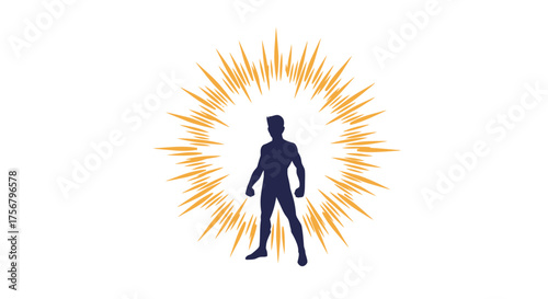 Silhouette of a person emitting a powerful golden energy burst radiating outwards in a dynamic explosive light effect against a clean white backdrop isolated on white background